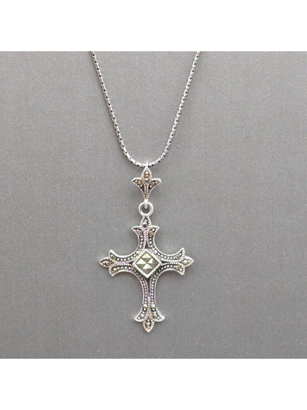 Vintage Sterling Silver Marcasite Cross Pendant Necklace Statement Gothic Style - Picture 1 of 12